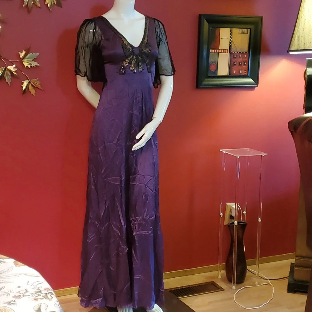 Silk Maxi BIBA Butterfly Beaded Purple Flutter Dress Mid Arm Flutter Sleeves - Picture 1 of 10